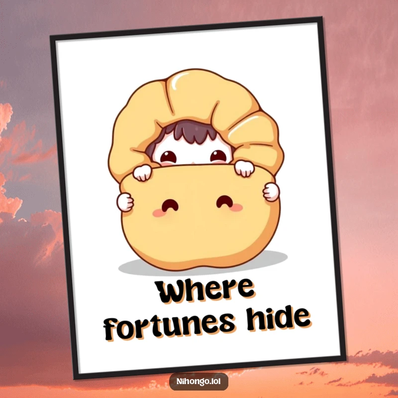 Funny poster featuring a mischievous character peeking from behind a huge, happy fortune cookie, adding a touch of playful mystery.