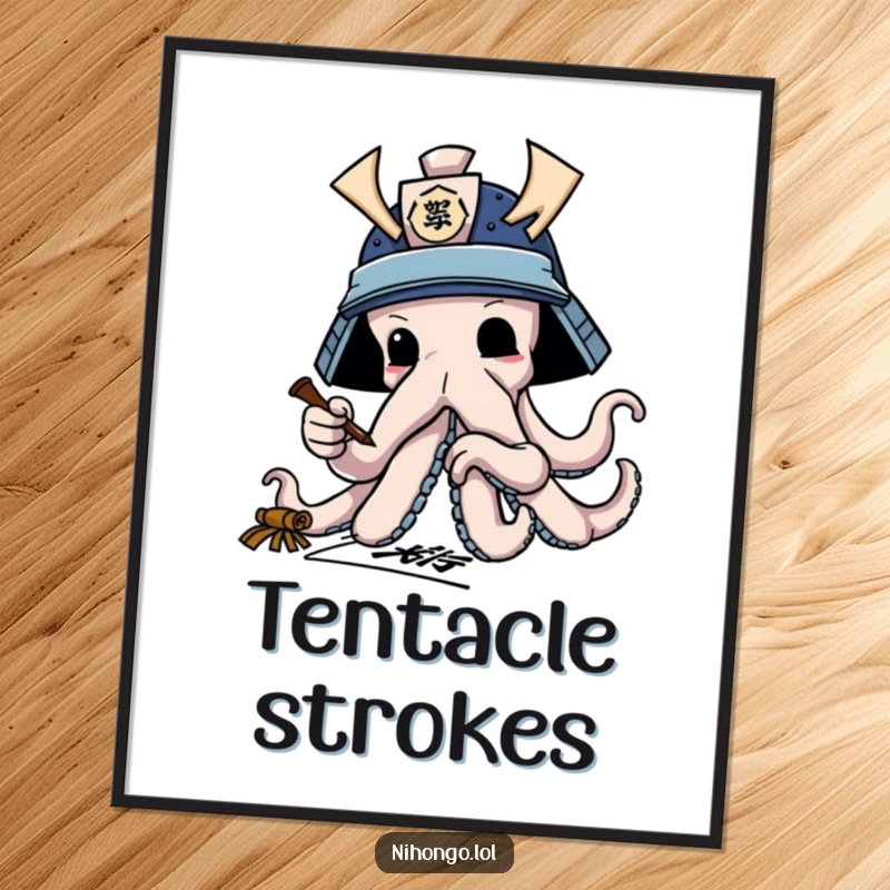 Funny poster art: Determined octopus wearing a samurai helmet, practicing calligraphy with tentacles, detailed and humorous.