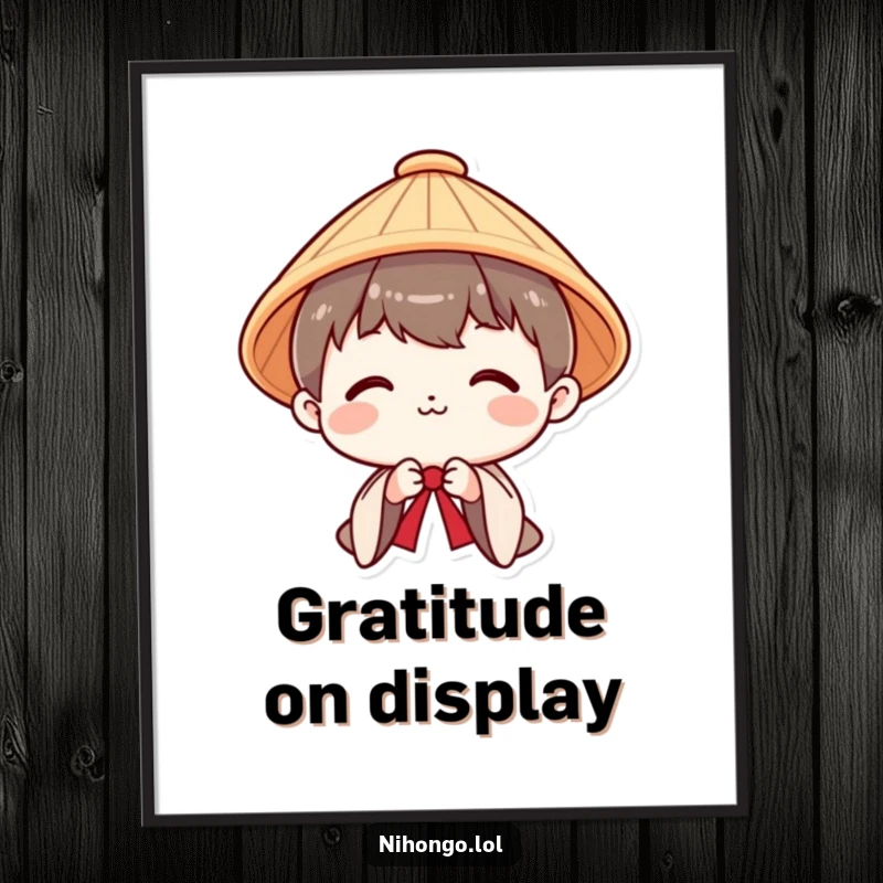 Funny poster of a smiling character wearing a traditional Japanese hat, executing a perfect, polite bow.