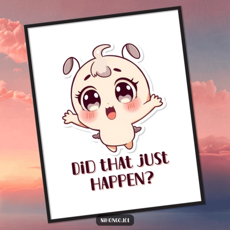 Funny poster art of a shocked character, huge expressive eyes, caught mid-leap in utter delight, vibrant wall decor.