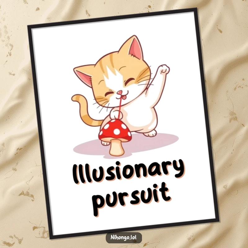 Funny poster art showcasing a playful cat in mid-leap, intently pursuing a tiny red mushroom perceived as a laser pointer.