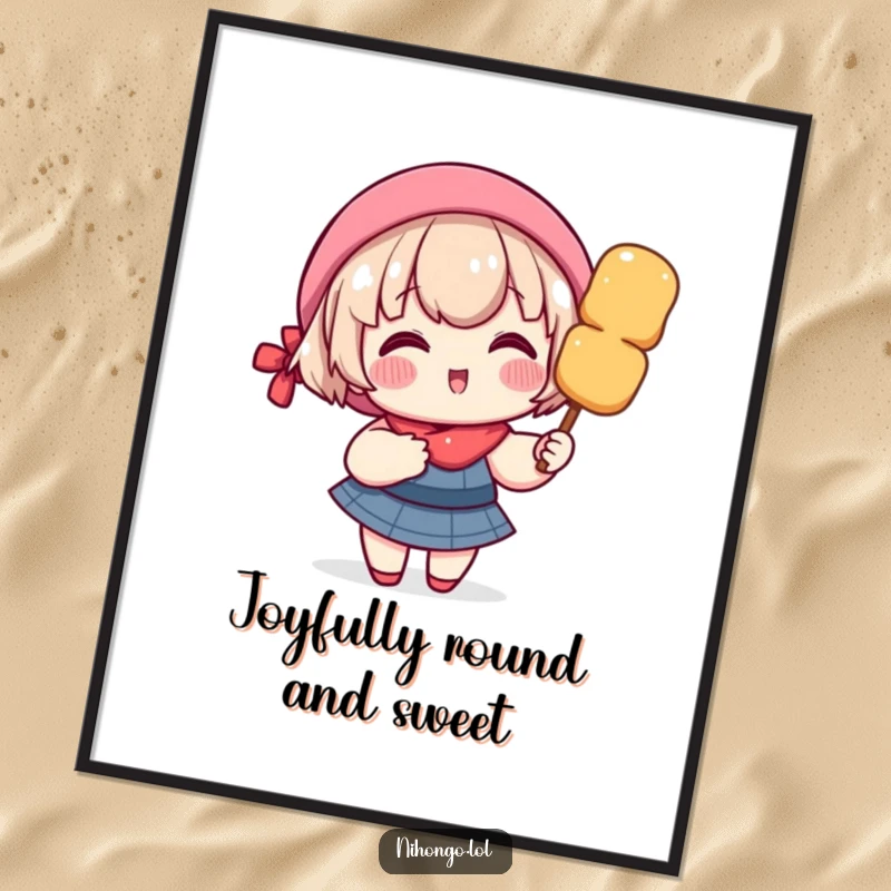 Funny poster art of a delighted character with rosy cheeks, happily holding a giant skewer of dango, vibrant food art.