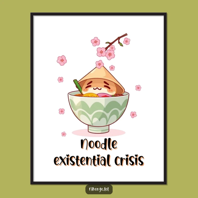 Funny Ramen Bowl Poster: Conical Hat & Blossoms, Whimsical Wall Art & Hilarious Gift