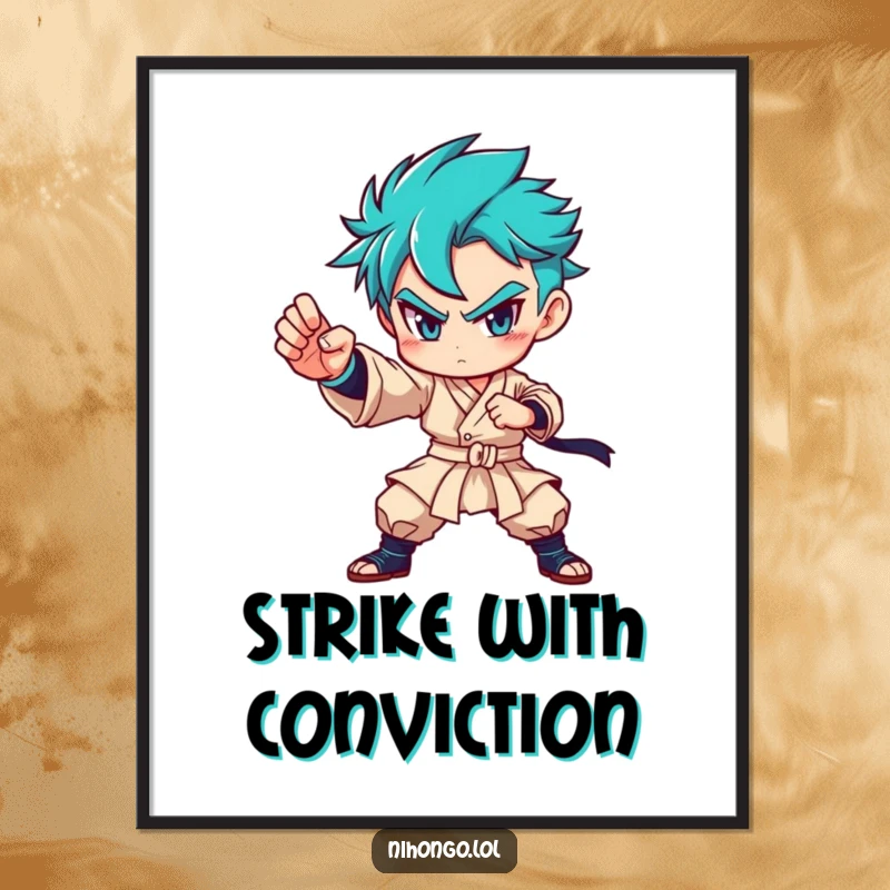 Funny poster showcasing a determined character in a confident martial arts pose, radiating power and inspiring focus.
