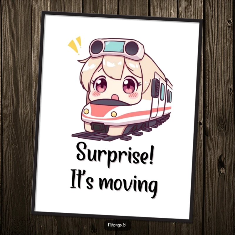 Funny poster of a surprised character with wide eyes, observing a miniature bullet train in motion.