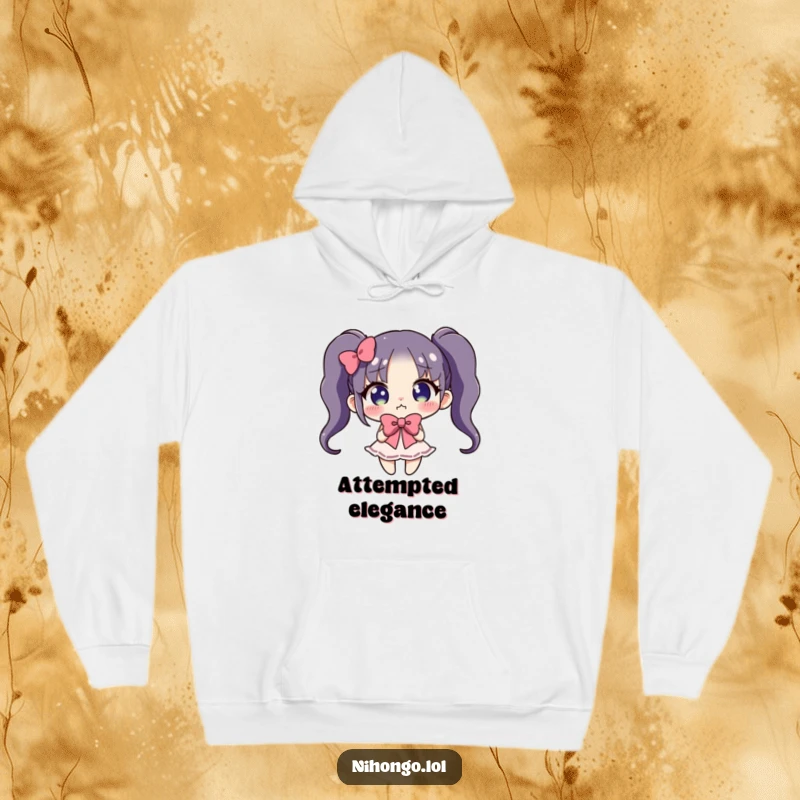 Funny hoodie featuring a character mid-bow, tripping or off-balance, conveying extreme clumsiness and exaggerated politeness.