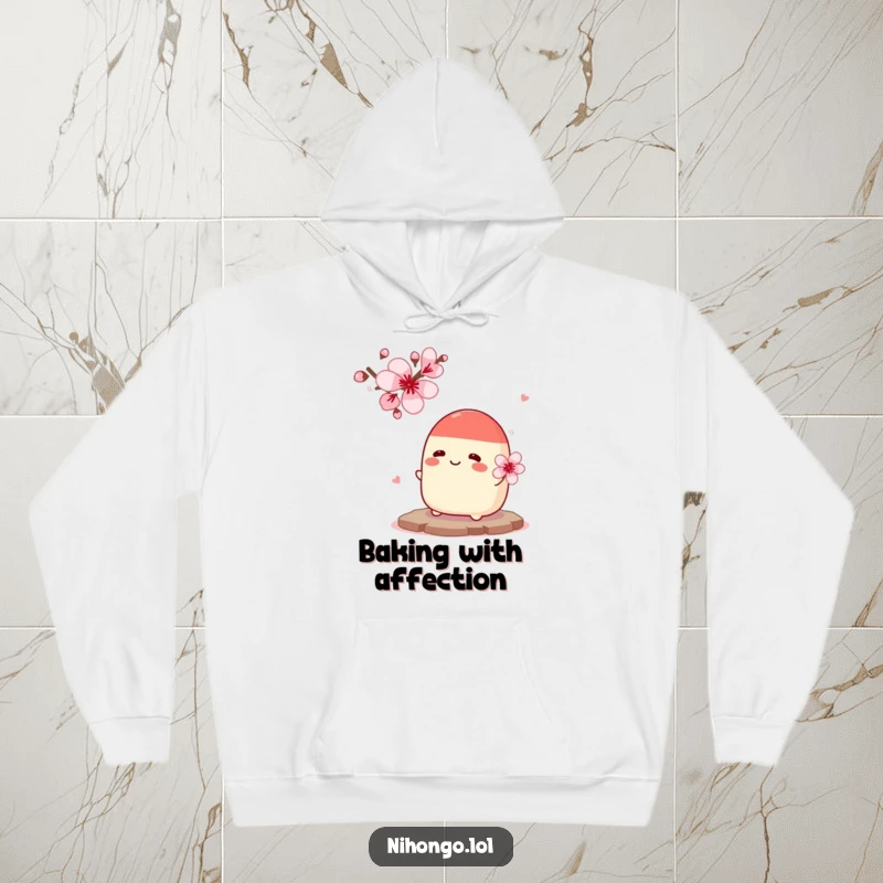 Funny Hoodie: A cheerful red bean paste bun clumsily offers flowers to a cherry blossom, a humorous and cozy hoodie for romantics.