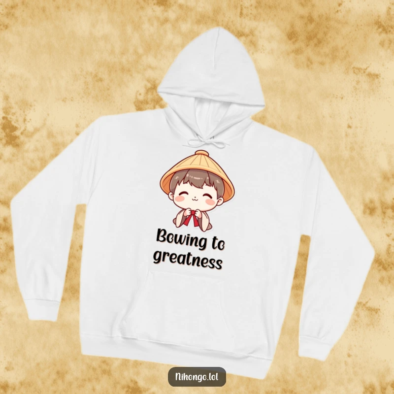 Funny hoodie featuring a smiling character in a traditional Japanese hat, offering a polite and graceful bow.