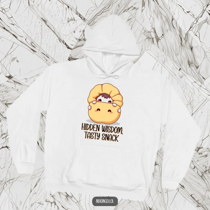 Funny hoodie showcasing a mischievous character hiding behind a smiling, oversized fortune cookie, offering warmth and giggles.