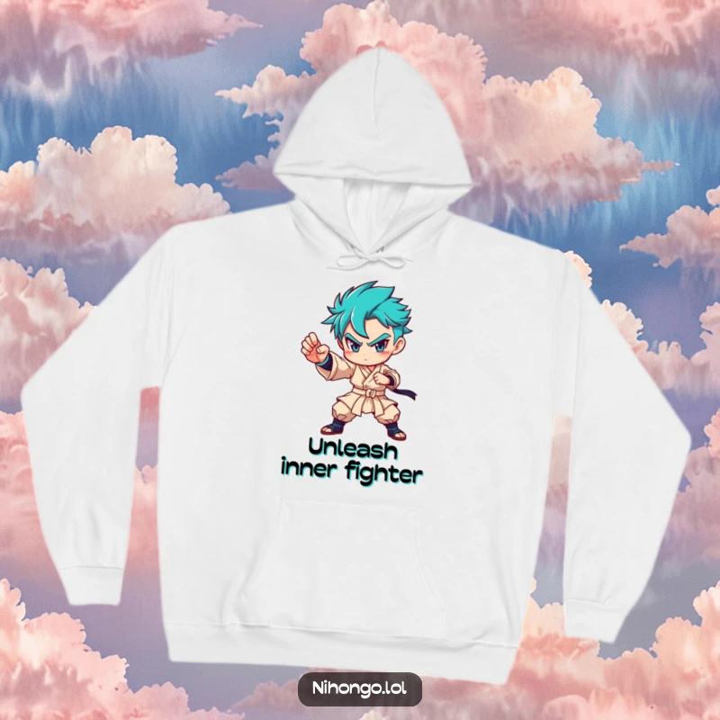 Funny hoodie featuring a determined character in a strong martial arts stance, providing warmth and a powerful message.
