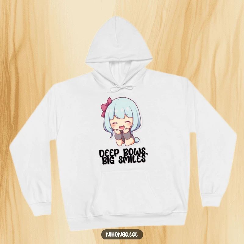 Funny bowing character hoodie, a comfortable top featuring a figure bowing deeply with a wide, happy smile, radiating warmth and politeness.