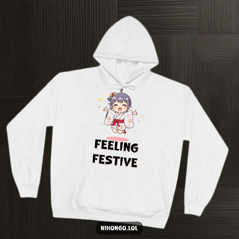 Funny hoodie depicting a happy character in a tiny kimono doing a joyful jump, embodying festive spirit and cozy comfort.