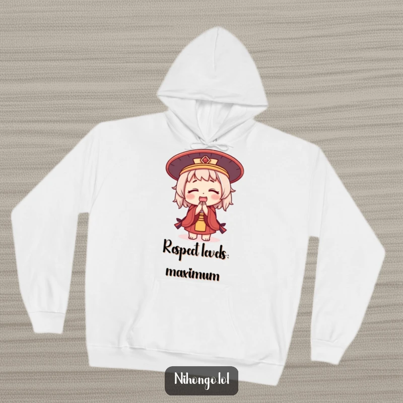 Funny hoodie featuring a cute character in a Japanese hat, bowing deeply with a warm, friendly smile.