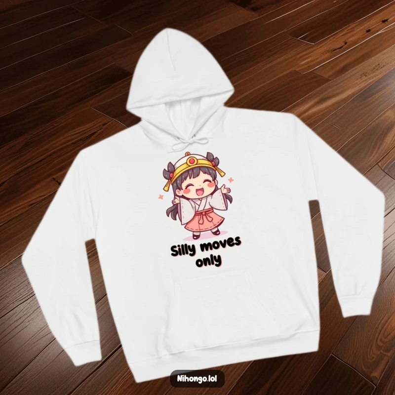 Funny hoodie depicting a giggling character in traditional clothing, performing a silly dance, cozy and spirited.