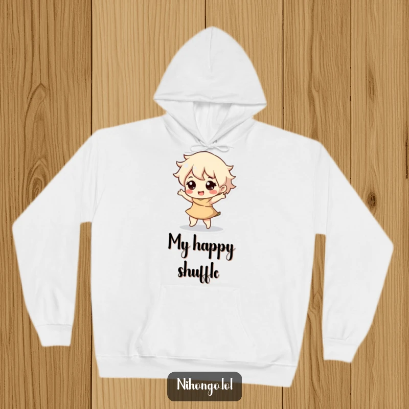 Funny hoodie featuring a happy cartoon character doing a lively dance with a spring in its step, embodying pure joy and fun.