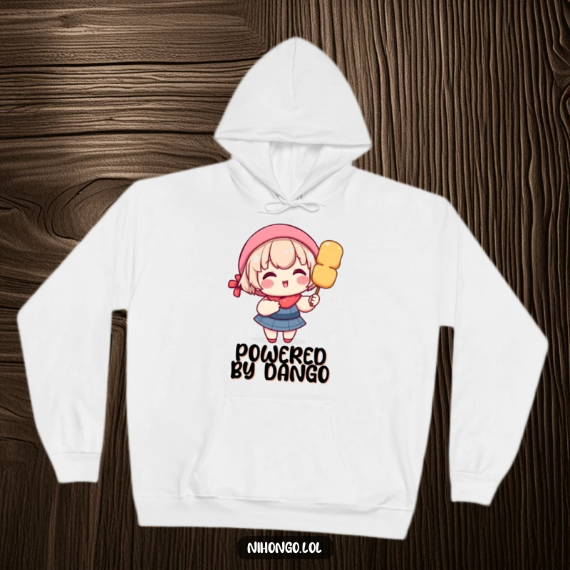 Funny hoodie with a delighted character, rosy cheeks, happily holding a giant dango skewer, warm and cozy.