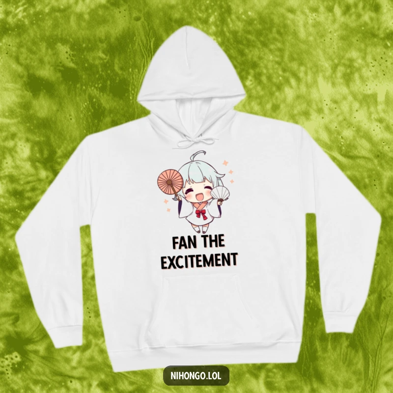 Funny Hoodie: Character excitedly waves a fan with dynamic brush strokes, radiating artistic energy and making it a humorous and cozy item.