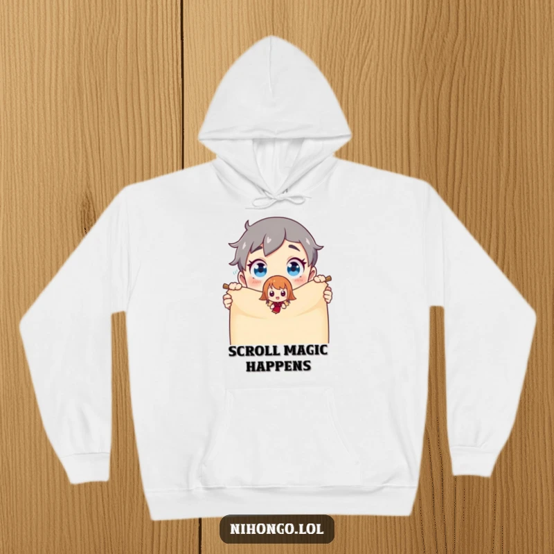 Funny Hoodie: Wide-eyed character looks on as a small animated creature appears from a magic scroll, a humorous and enchanting scene.