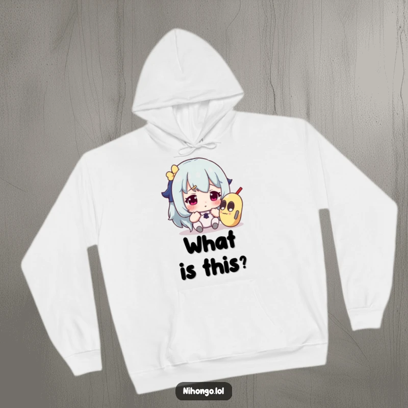 Funny hoodie featuring a character with a quizzical look, inspecting an inexplicable and odd item with great suspicion.