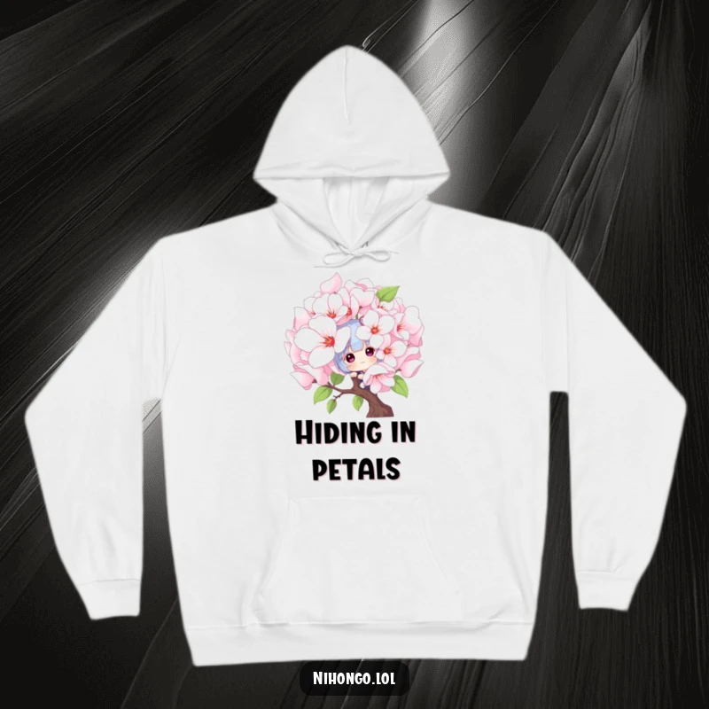 Funny peekaboo hoodie: a playful character peeks from behind a giant blooming cherry blossom, offering cozy and whimsical charm.
