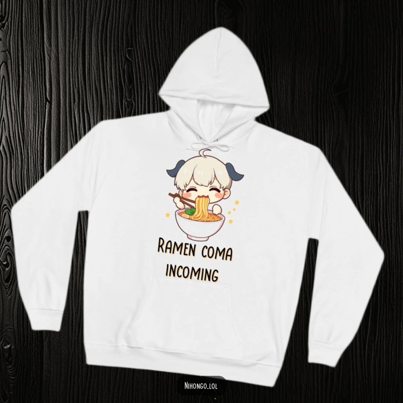 Funny Hoodie showing a delighted character happily slurping delicious ramen with chopsticks, a warm and humorous present.