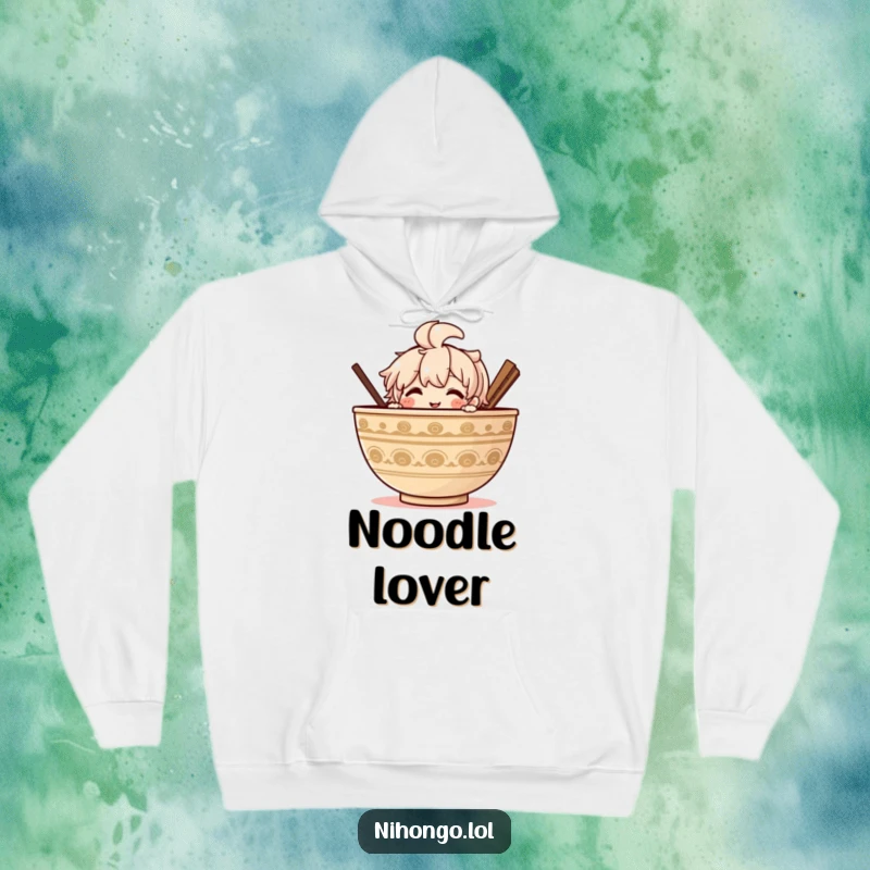 Funny Ramen Hoodie: Warm and comfortable hoodie featuring a happy character peeking from behind a large ramen bowl.