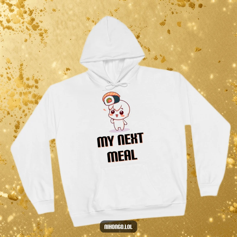 Funny hoodie depicting a curious character pointing with excitement at a floating sushi roll, embodying foodie passion and joy.