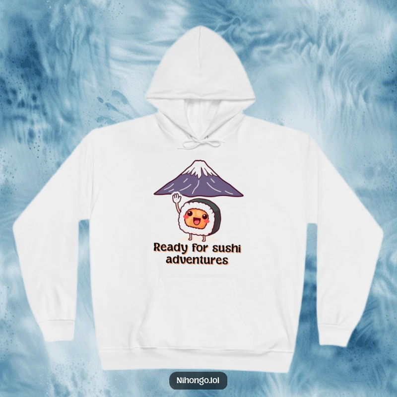 Funny sushi roll hoodie with legs saluting Mount Fuji, showcasing a cute and comical character for cozy, humorous wear.