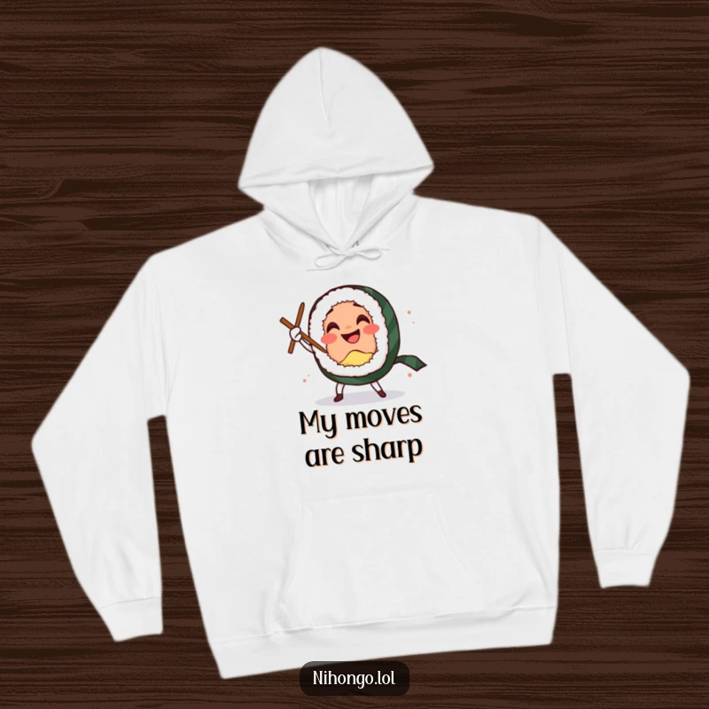 Funny hoodie featuring a smiling sushi roll character performing a comedic sword dance with chopsticks, warm and playful.