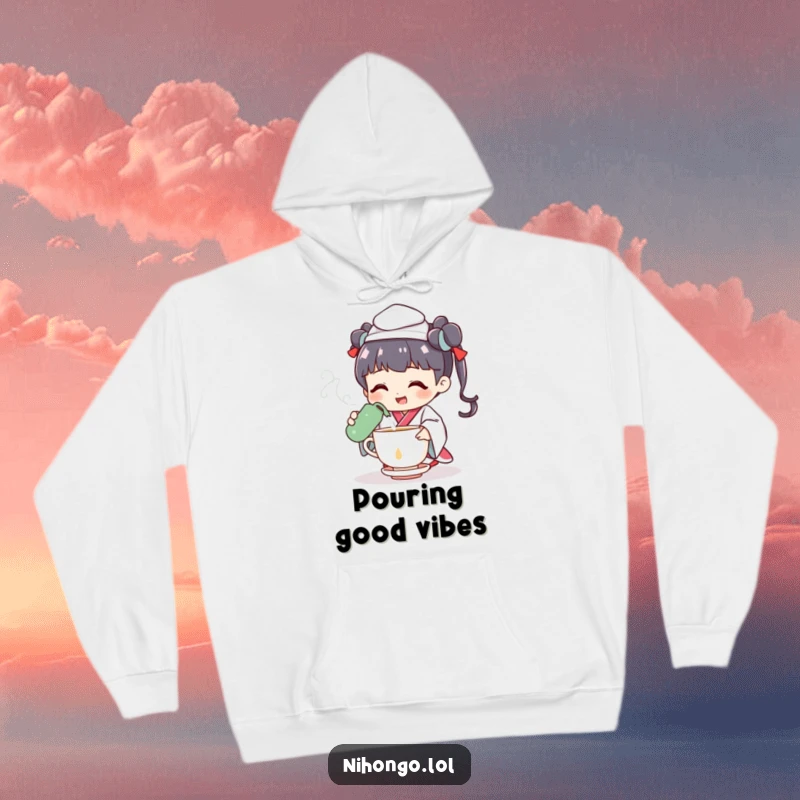 Funny hoodie with a cheerful tea ceremony character pouring tea with a flourish, comfortable and stylish, perfect gift.
