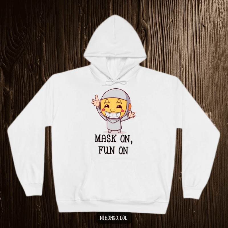 Funny Hoodie: Character wearing a happy mask strikes a funny pose, radiating playful energy and making it a humorous and cozy item.