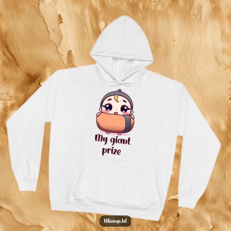 Funny hoodie featuring a surprised cartoon character holding a massive sushi roll, perfect for cozying up.