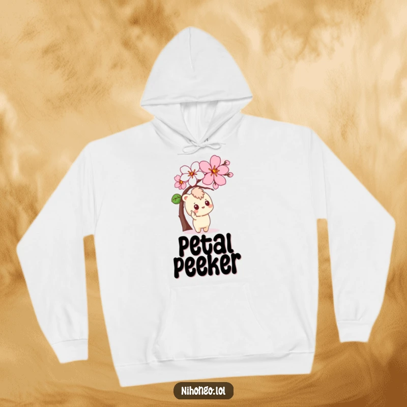 Funny Hoodie depicting a curious character pointing at a stylized cherry blossom, offering warmth and wonder.