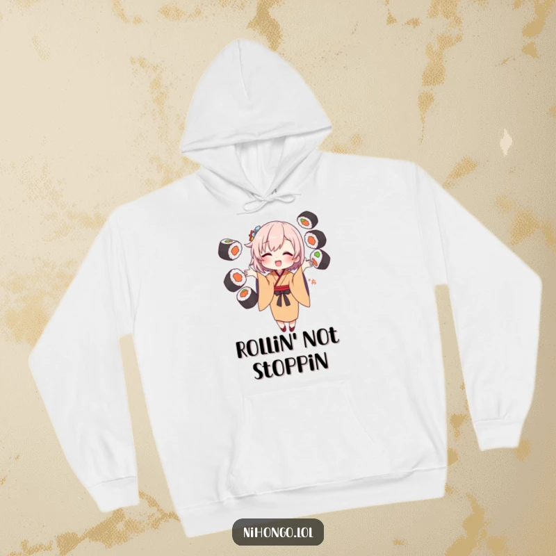 Funny Hoodie depicting a character in a kimono artistically juggling different sushi rolls, radiating joy.