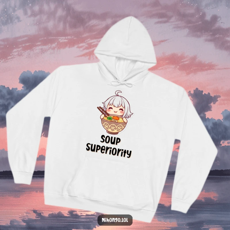 Funny hoodie depicting a smiling character holding a steaming bowl of ramen with chopsticks, cozy and delicious.