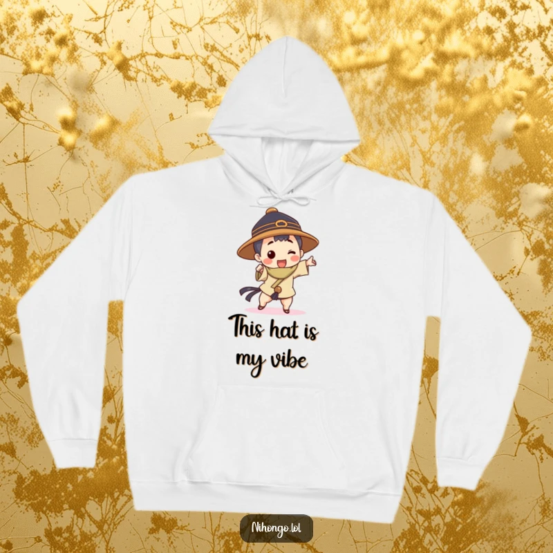 Funny hoodie with a character sporting a traditional hat and striking a fun, energetic, dynamic pose.