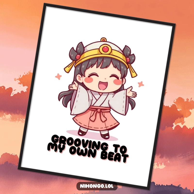 Whimsical Free Printable Wall Art: Giggling character in traditional clothing performing a silly dance, a joyful downloadable scene.