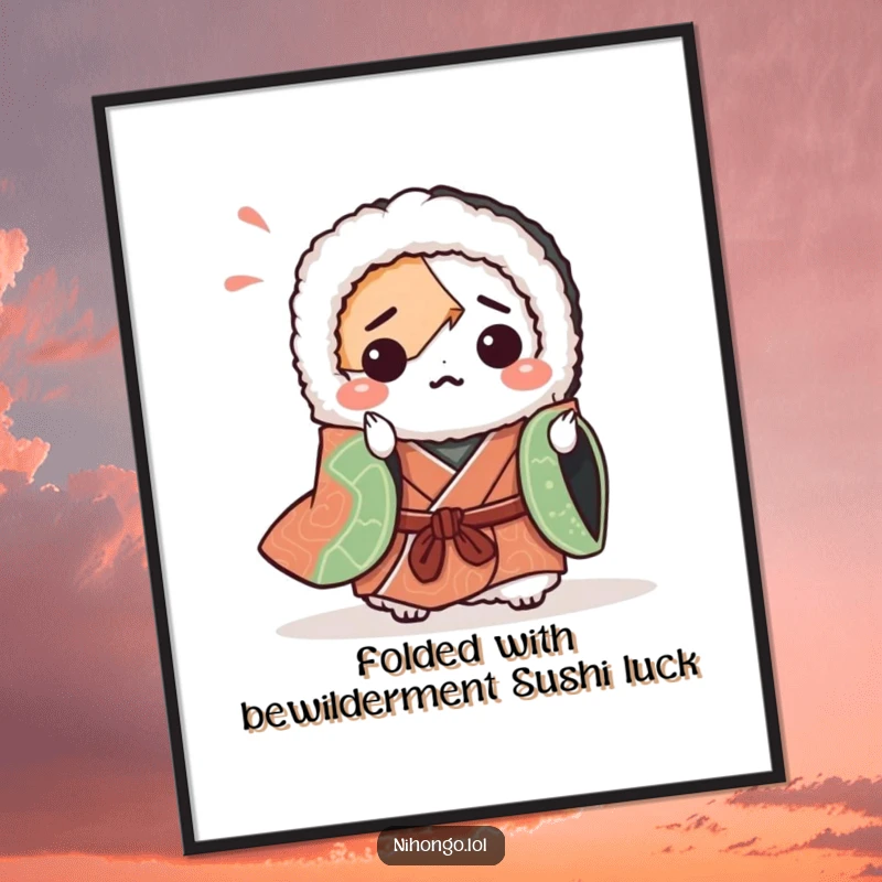 Funny Free Printable Wall Art: A bewildered sushi roll wearing a tiny kimono attempting complex origami, showcasing culinary confusion.