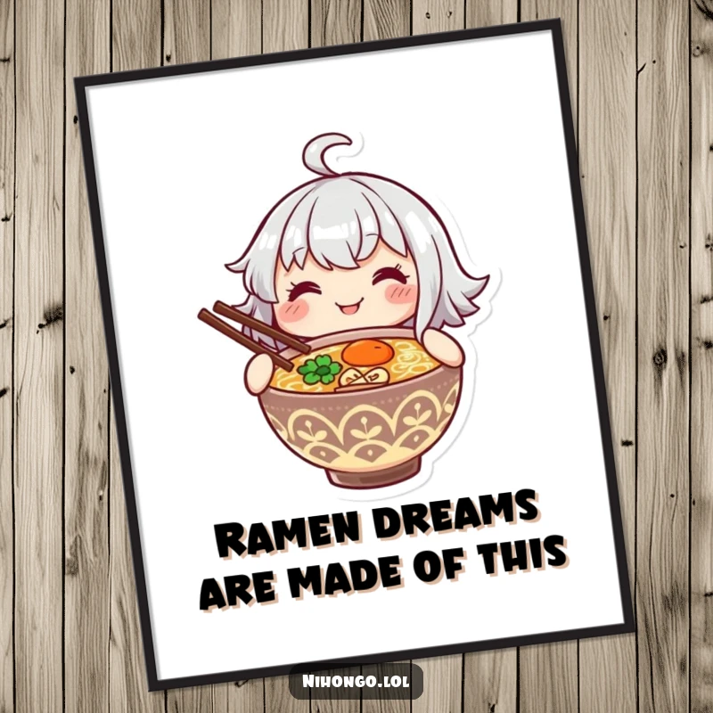 Foodie Free Printable Wall Art: Smiling character happily holding a steaming bowl of ramen with chopsticks, a delicious downloadable scene.