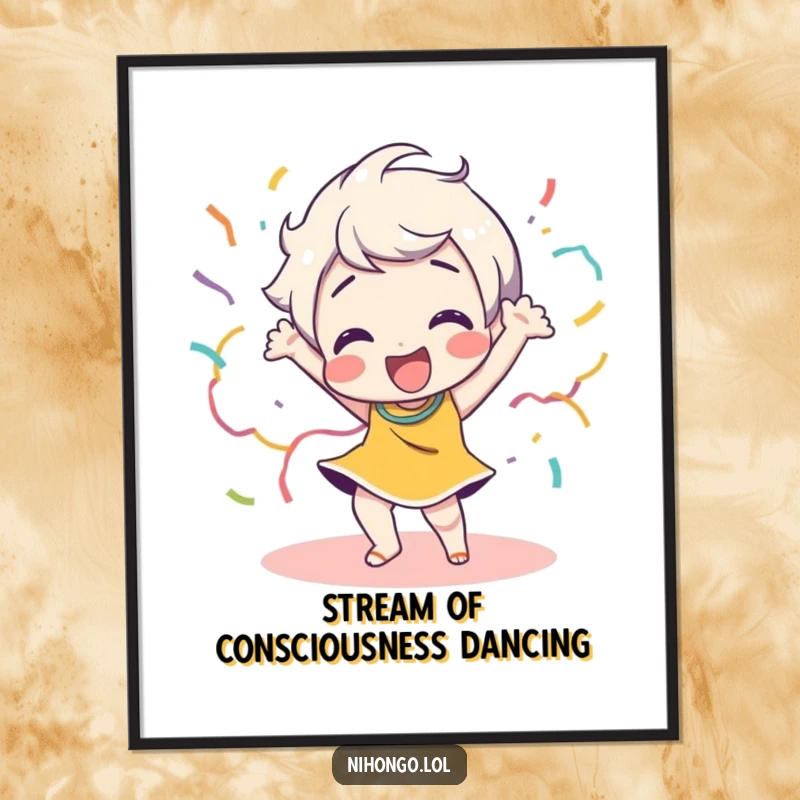 Funny Free Printable Wall Art: Happy character dancing with streamers, energetic and festive downloadable art for home.