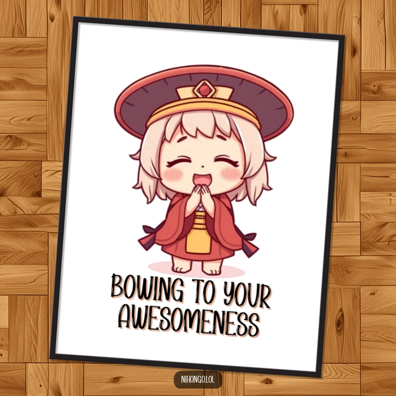 Funny Free Printable Wall Art: Cute character in Japanese hat bowing deeply with joy, peaceful and humorous decor, downloadable art.