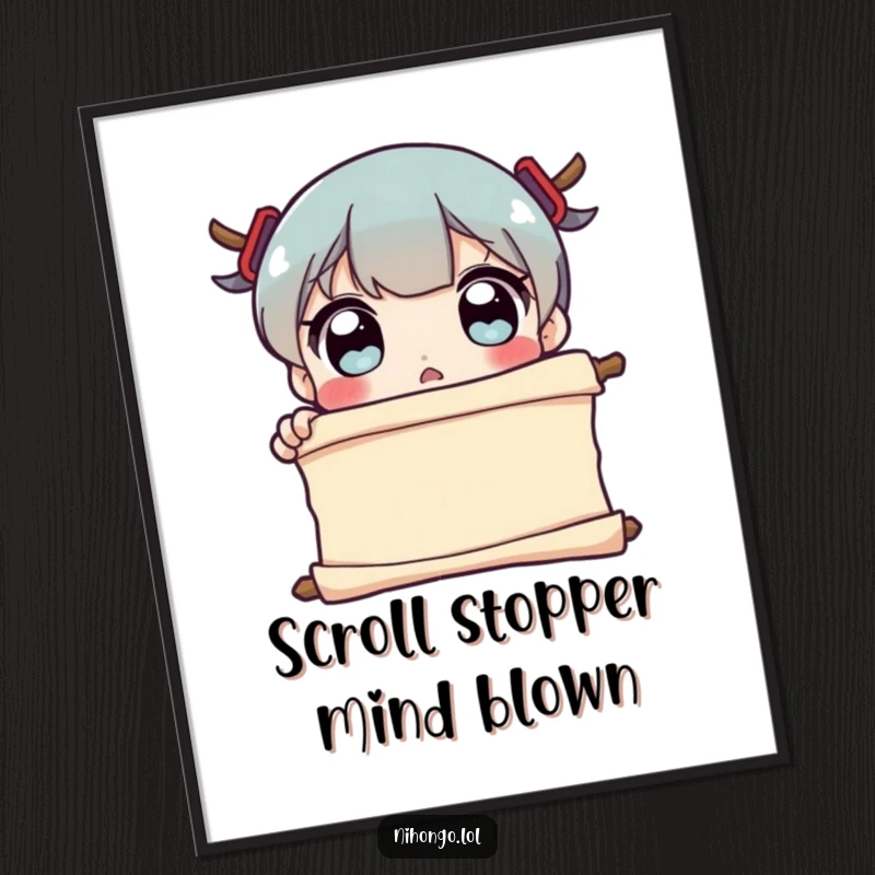 Funny Free Printable Wall Art: Character with comically wide eyes staring in surprise at an unfurled scroll, a humorous piece of DIY art.