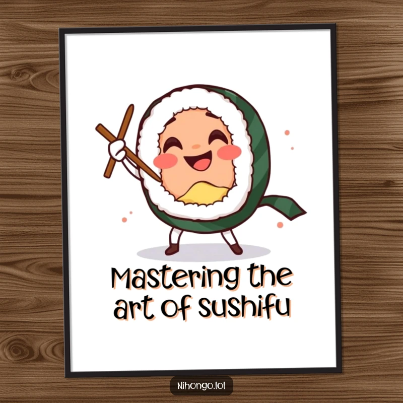 Funny Free Printable Wall Art: Smiling sushi roll character performing a comedic sword dance with chopsticks, culinary humor, downloadable art.