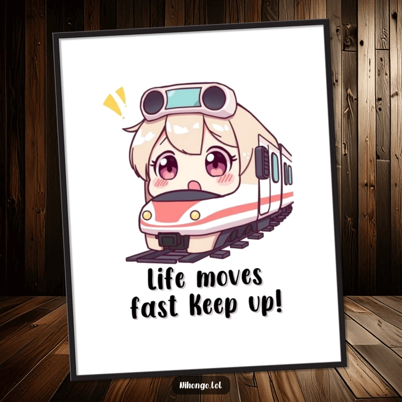 Funny Free Printable Wall Art: A character with comically wide eyes reacts with shock to a tiny, zooming bullet train.
