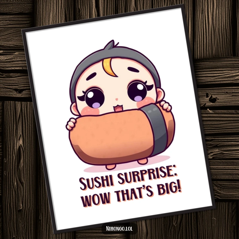 Funny Free Printable Wall Art: A cartoon character with comically wide, surprised eyes clutches an enormous sushi roll. Downloadable art.