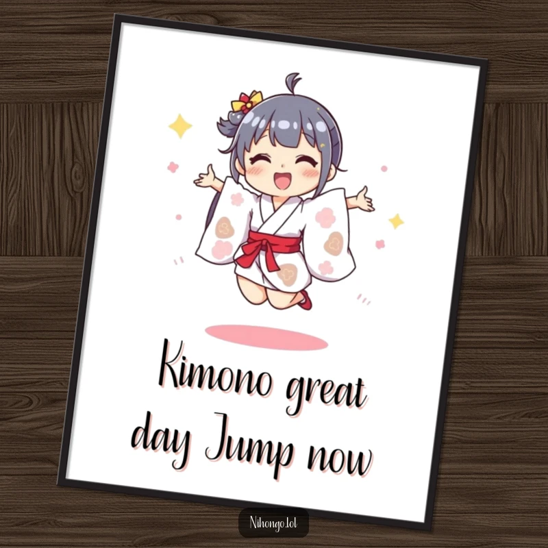Funny Free Printable Wall Art of a happy character wearing a tiny kimono, mid-air in a joyful jump, radiating pure happiness.
