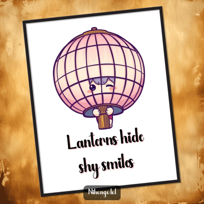 Funny free printable wall art: A shy character with big eyes, peeking curiously from behind a large, decorative paper lantern, adding a sweet touch.