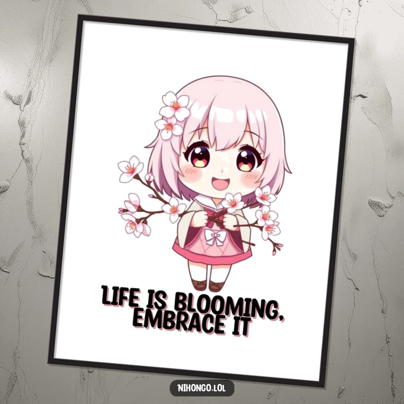 Funny Free Printable Wall Art featuring a character smiling brightly while holding a beautiful cherry blossom branch, perfect for cheerful decor.