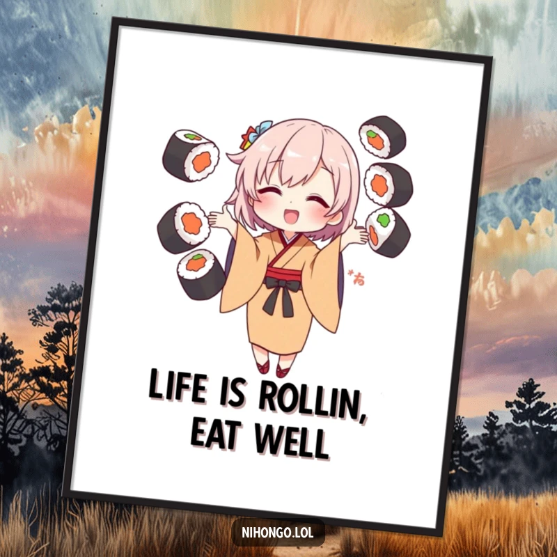 Funny Free Printable Wall Art: Kimono character artfully juggles sushi rolls, a humorous addition to any room.