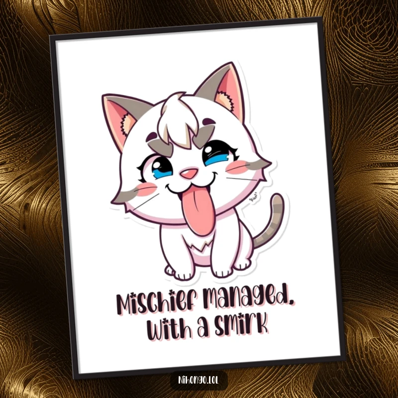 Funny Free Printable Wall Art: Mischievous character with cat ears sticking tongue out, playful grin, adding cheekiness, downloadable art.